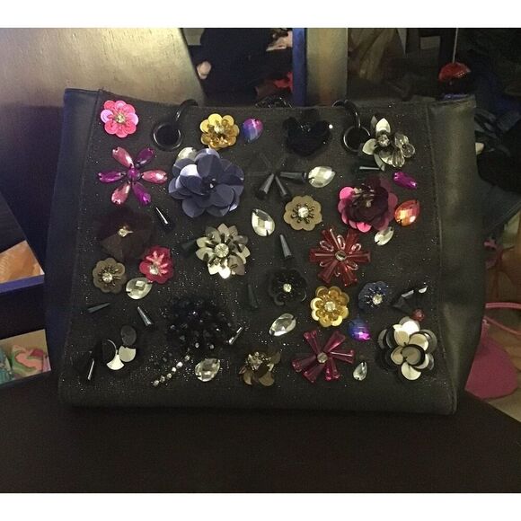 Aldo~Pretty Black & Colorful Flowers Satchel Handbag Purse - Picture 1 of 5